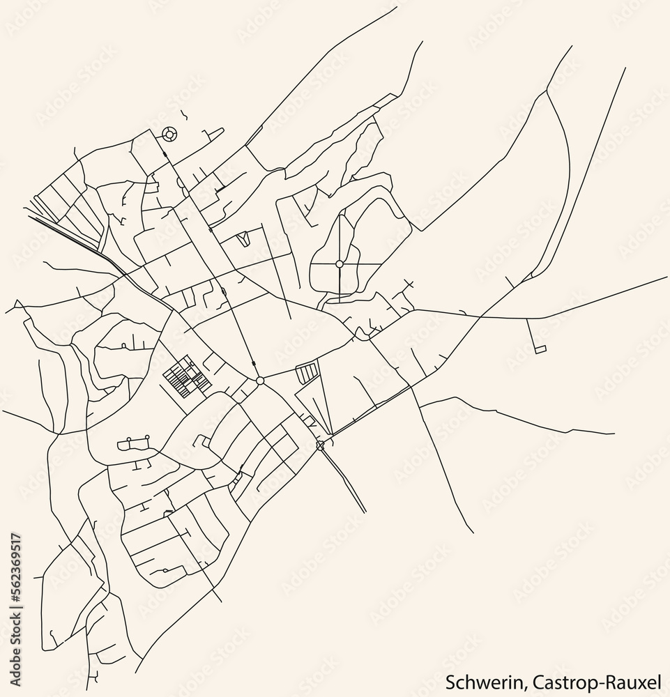 Detailed navigation black lines urban street roads map of the SCHWERIN DISTRICT of the German town of CASTROP-RAUXEL, Germany on vintage beige background