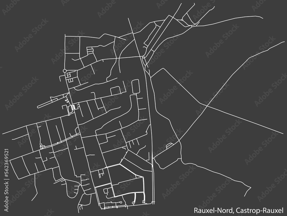 Detailed negative navigation white lines urban street roads map of the RAUXEL NORD DISTRICT of the German town of CASTROP-RAUXEL, Germany on dark gray background