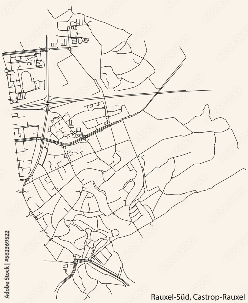 Detailed navigation black lines urban street roads map of the RAUXEL SÜD DISTRICT of the German town of CASTROP-RAUXEL, Germany on vintage beige background