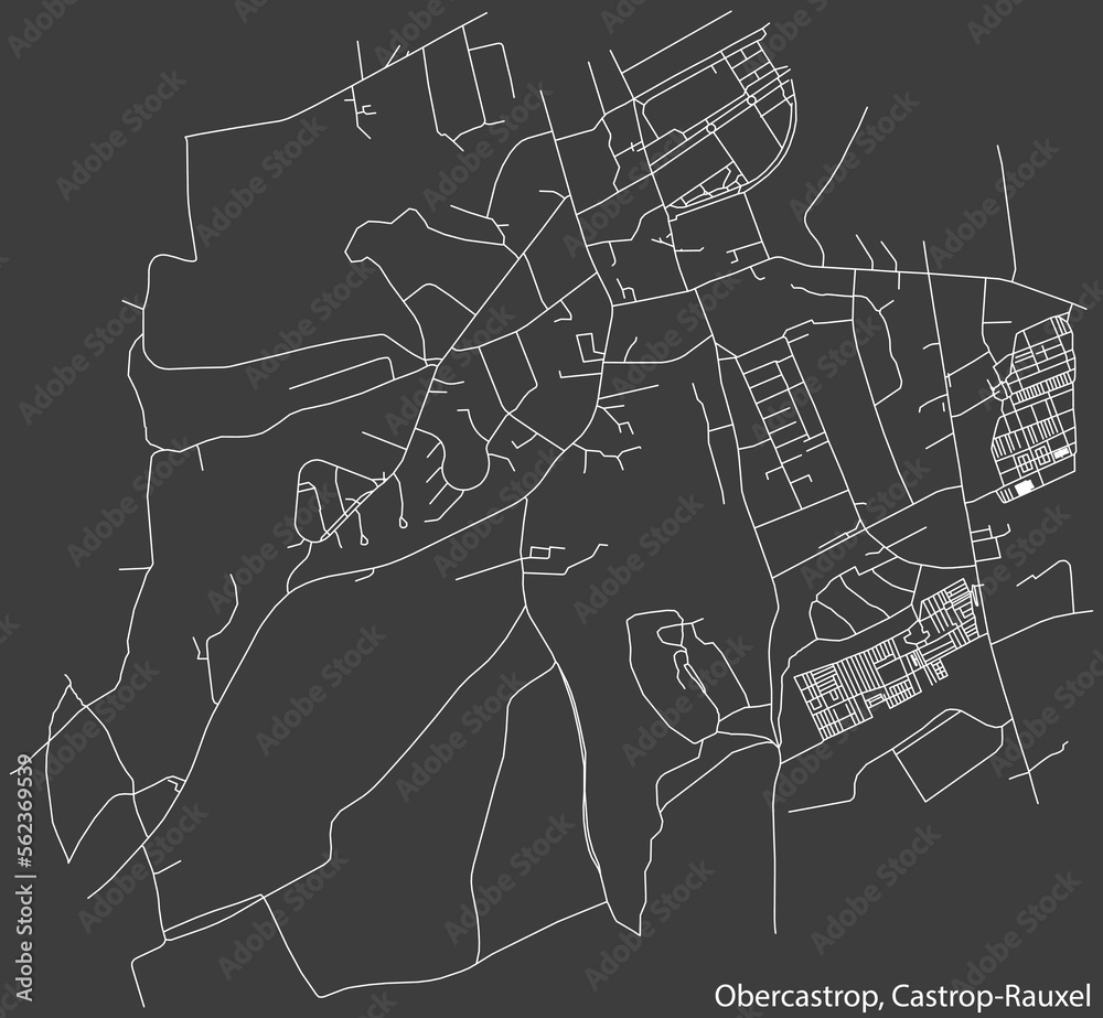 Detailed negative navigation white lines urban street roads map of the OBERCASTROP DISTRICT of the German town of CASTROP-RAUXEL, Germany on dark gray background