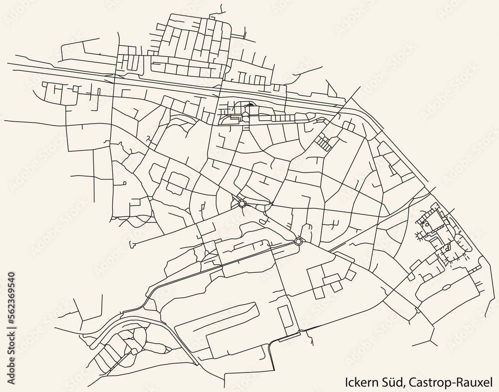 Detailed navigation black lines urban street roads map of the ICKERN SÜD DISTRICT of the German town of CASTROP-RAUXEL, Germany on vintage beige background