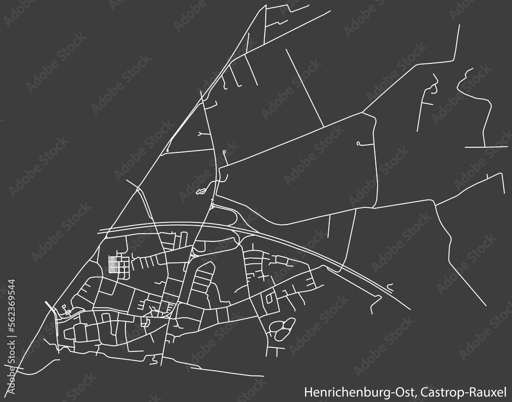 Detailed negative navigation white lines urban street roads map of the HENRICHENBURG OST DISTRICT of the German town of CASTROP-RAUXEL, Germany on dark gray background