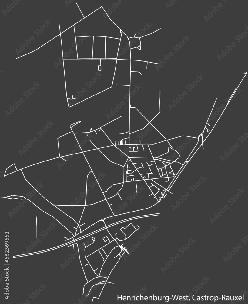 Detailed negative navigation white lines urban street roads map of the HENRICHENBURG WEST DISTRICT of the German town of CASTROP-RAUXEL, Germany on dark gray background