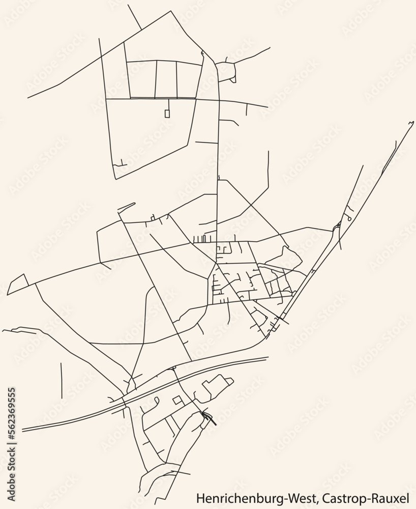 Detailed navigation black lines urban street roads map of the HENRICHENBURG WEST DISTRICT of the German town of CASTROP-RAUXEL, Germany on vintage beige background