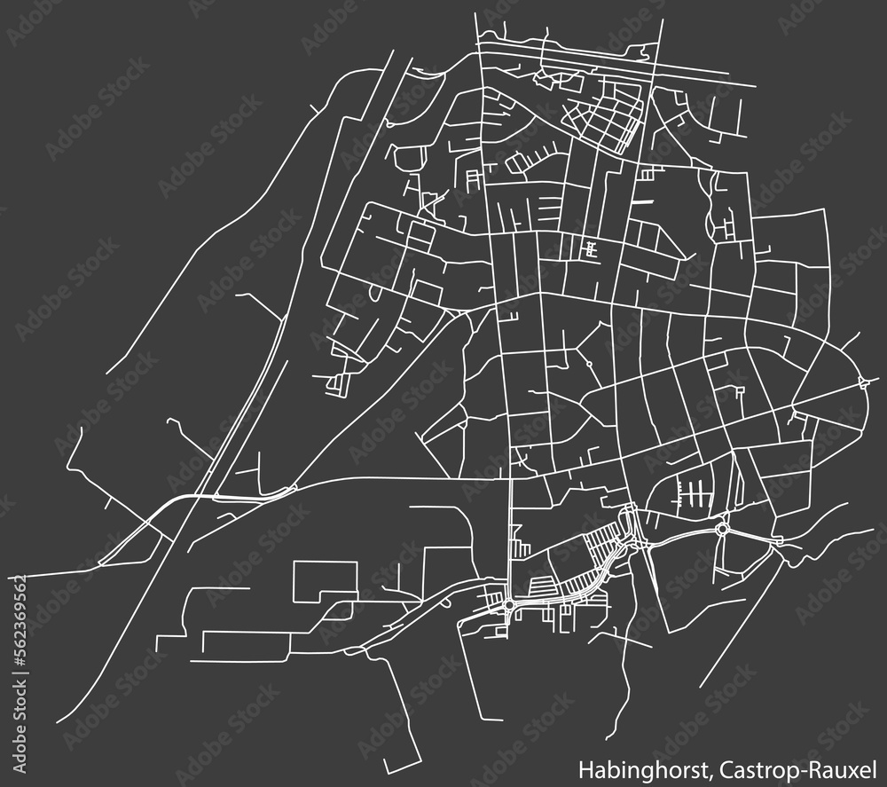 Detailed negative navigation white lines urban street roads map of the HABINGHORST DISTRICT of the German town of CASTROP-RAUXEL, Germany on dark gray background