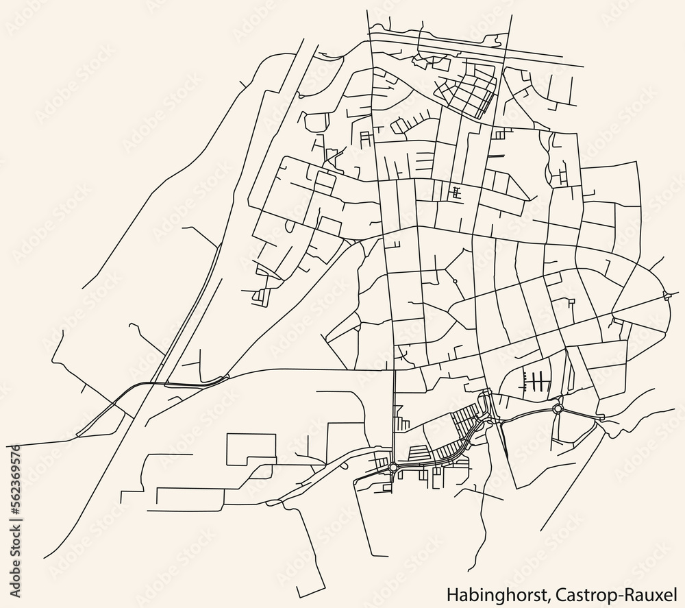 Detailed navigation black lines urban street roads map of the HABINGHORST DISTRICT of the German town of CASTROP-RAUXEL, Germany on vintage beige background