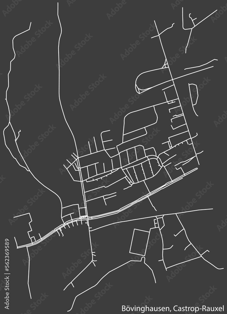 Detailed negative navigation white lines urban street roads map of the BÖVINGHAUSEN DISTRICT of the German town of CASTROP-RAUXEL, Germany on dark gray background