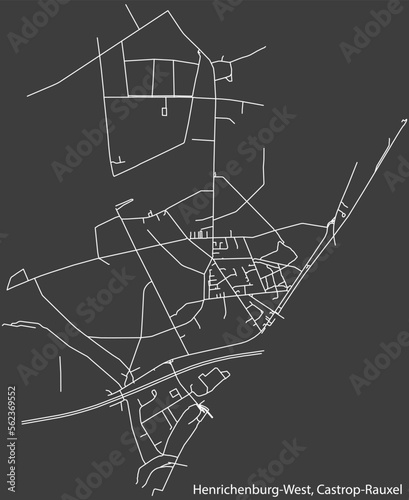 Detailed negative navigation white lines urban street roads map of the HENRICHENBURG WEST DISTRICT of the German town of CASTROP-RAUXEL, Germany on dark gray background