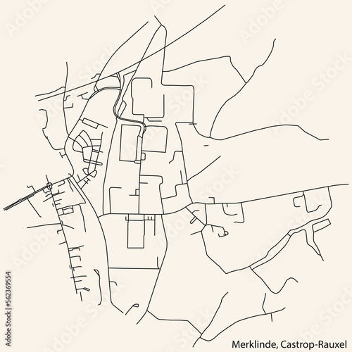 Detailed navigation black lines urban street roads map of the MERKLINDE DISTRICT of the German town of CASTROP-RAUXEL  Germany on vintage beige background