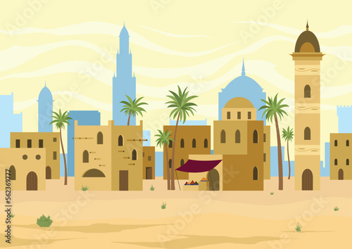 Middle east. Arabic desert landscape with traditional mud brick houses. Ancient building on background. Flat vector illustration photo