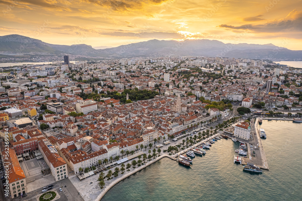 Split, Croatia, at sunrise. Panorama view from above.