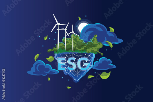 ESG concept. Environmental Social Governance illustration. Fantastic landscape with wind turbines and flying leaves.