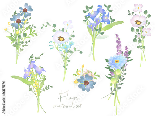 水彩調パステルカラーの花の素材セット3（青）