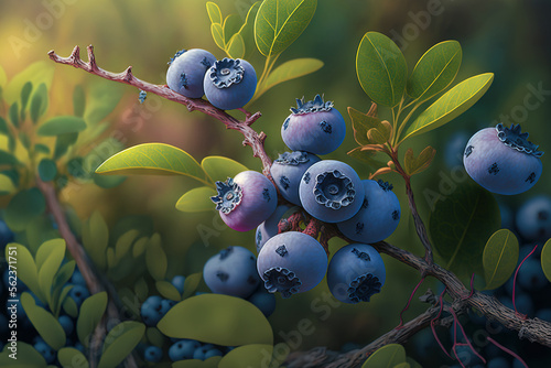 On a blueberry bush in a natural setting, ripe blueberries (bilberries) are seen. Generative AI photo