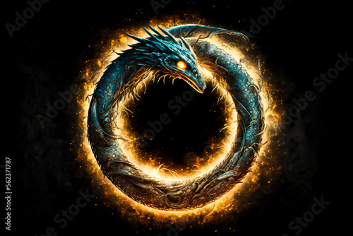 Ouroboros snake swallowing its own tail, symbol on black background. Symbol of eternity and rebirth. Scandinavian Uroboros symbol on black background, Generative AI. photo