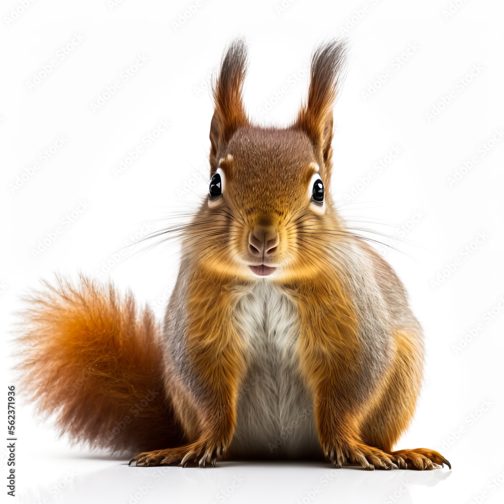 Red squirrel, Sciurus vulgaris, sitting and looking into camera on white background. Red squirrel portrait, Generative AI. LIttle squirrel on white background as zoo or animal life design element Red squirrel, Sciurus vulgaris, sitting and looking into camera on white background. Red squirrel portrait, Generative AI. LIttle squirrel on white background as zoo or animal life design element