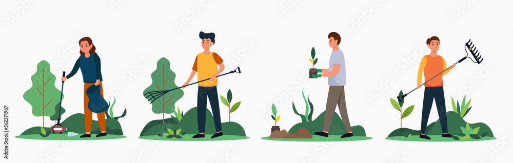 Volunteer activity, young planting tree to protect environment and garbage collection to save the world concept, Volunteers of young people with  garbage bags. volunteering working and environmental 