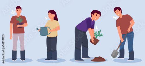 Characters planting seedlings and growing trees into soil working in Garden, volunteering, charity social and environment concept. Volunteer people plant trees in park, World environment day