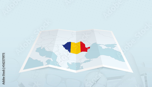 Map of Romania with the flag of Romania in the contour of the map on a trip abstract backdrop.