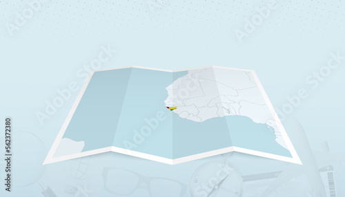 Map of Guinea-Bissau with the flag of Guinea-Bissau in the contour of the map on a trip abstract backdrop.