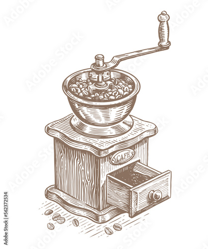 Old wooden coffee grinder with a handle for grinding coffee beans into powder. Design for cafe menu. Sketch vector
