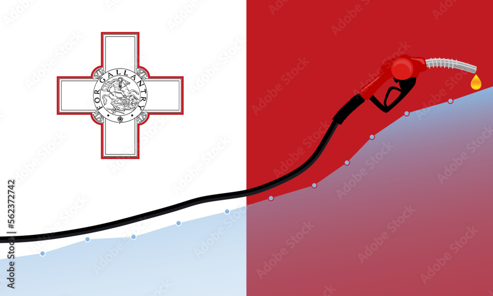 Rise in gasoline prices concept in Malta. Gasoline fuel pump nozzle with drop oil on Malta flag