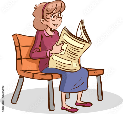 woman sitting on bench reading newspaper  cartoon vector 