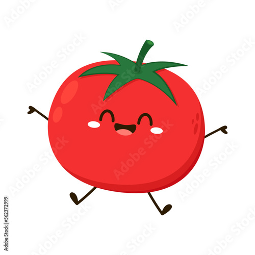 Cute tomato character design. Happy vegetable vector illustration. Cartoon tomato flat design for children books.