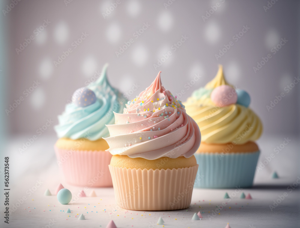 Pastel colored cupcakes on a table. Generative AI