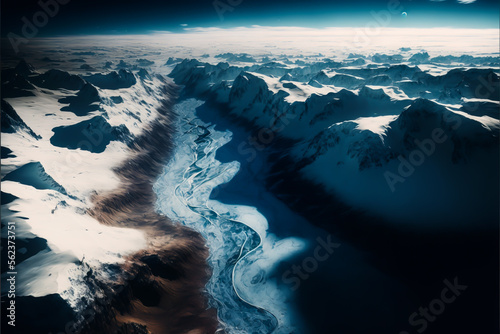 Aerial view of forest river in time of winter day. WInter mountains landscape with frozen river. Mountain valley at winter background, Generative AI.