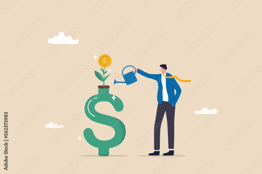 Money growth, growing investment profit or retirement pension fund, increase wealth and earning, income or revenue concept, businessman watering growing seedling with dollar money coin flower. - obrazy, fototapety, plakaty 