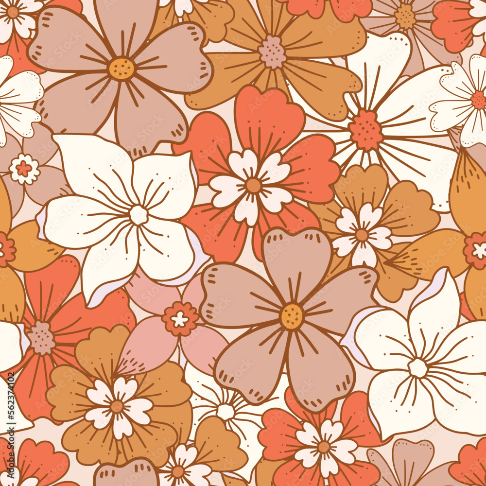 Floral retro boho pattern. Flower Power. Hippie pattern of the sixties. Summer flowers pattern. Boho style design perfect for wall art, poster, card, room decoration.