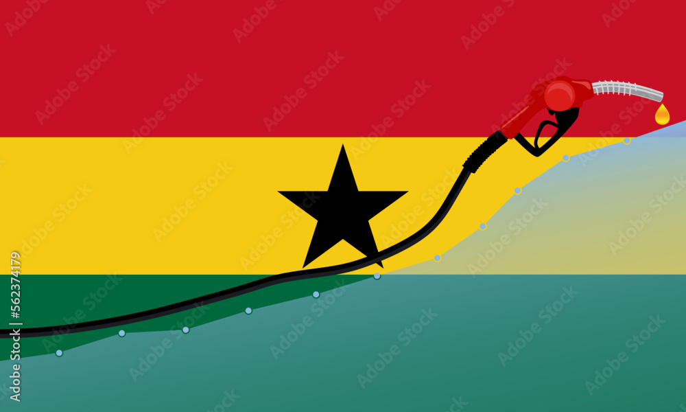 Rise in gasoline prices concept in Ghana. Gasoline fuel pump nozzle with drop oil on Ghana flag