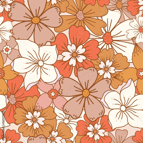 Floral retro boho pattern. Flower Power. Hippie pattern of the sixties. Summer flowers pattern. Boho style design perfect for wall art  poster  card  room decoration.