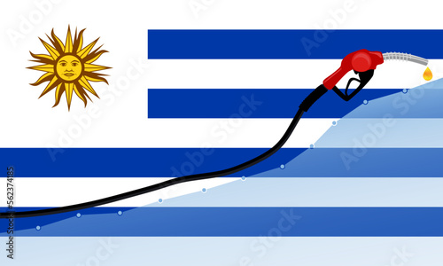 Rise in gasoline prices concept in Uruguay. Gasoline fuel pump nozzle with drop oil on Uruguay flag background. Growth bar chart prices. vector illustration