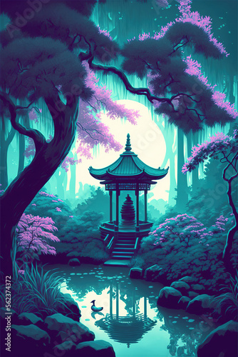 4K Desktop Wallpaper of Japanese Garden, Beautiful, Purple and Blue
