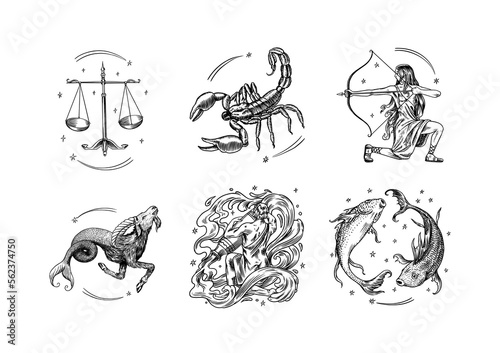 Zodiac constellation signs. Astrological symbols. Illustrations of horoscope. Magic female characters, Boho design. Hand drawn Engraved old monochrome sketch.