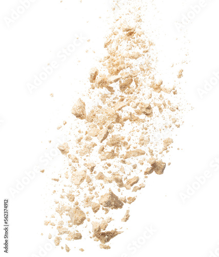 Seasoning powder explosion flying, Beige brown seasoning powder wave floating fall down in air. Seasoning powder is element material. Eyeshadow crush for make up artist. White background Isolated