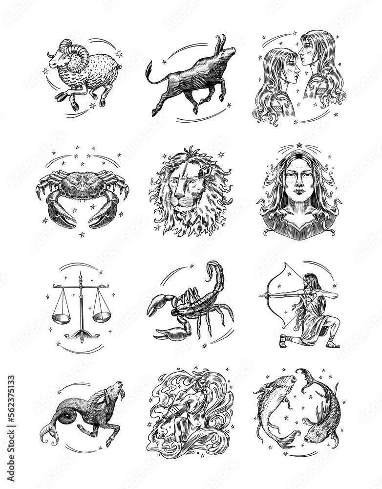 Zodiac constellation signs. Astrological symbols. Illustrations of horoscope. Magic female characters, Boho design. Hand drawn Engraved old monochrome sketch. - obrazy, fototapety, plakaty 