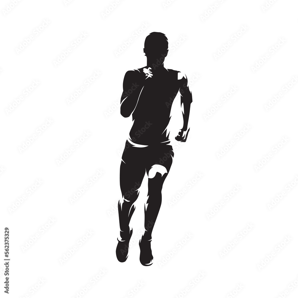 Run, running man, isolated vector silhouette, ink drawing, front view