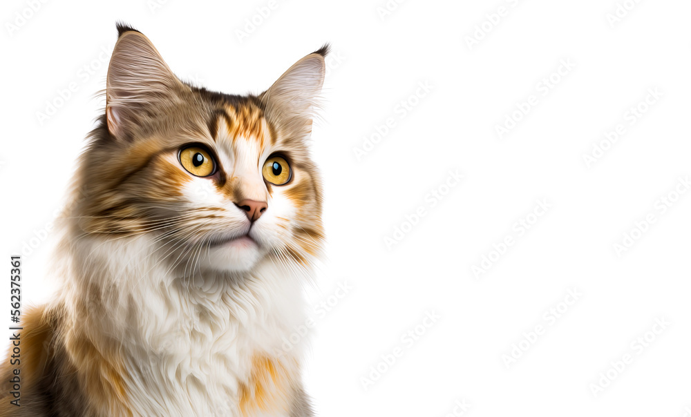 Random cat portrait on a white background, Generative AI. Cat portrait as design element for domastic animals care or pure breed cats background and cards.
