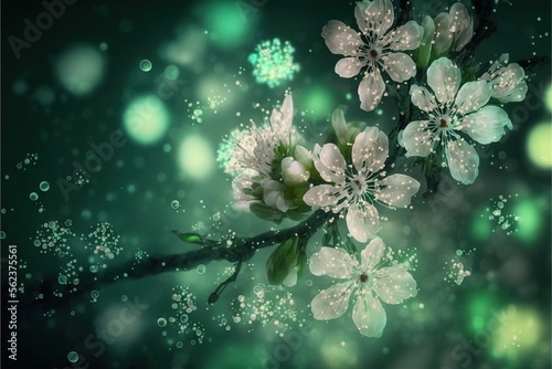  a branch with white flowers and water droplets on it, with a green background and boke of bubbles in the air, with a blurry background of snow flecking bubbles and., generative ai photo