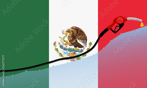 Rise in gasoline prices concept in Mexico. Gasoline fuel pump nozzle with drop oil on Mexico flag background. Growth bar chart prices. vector illustration