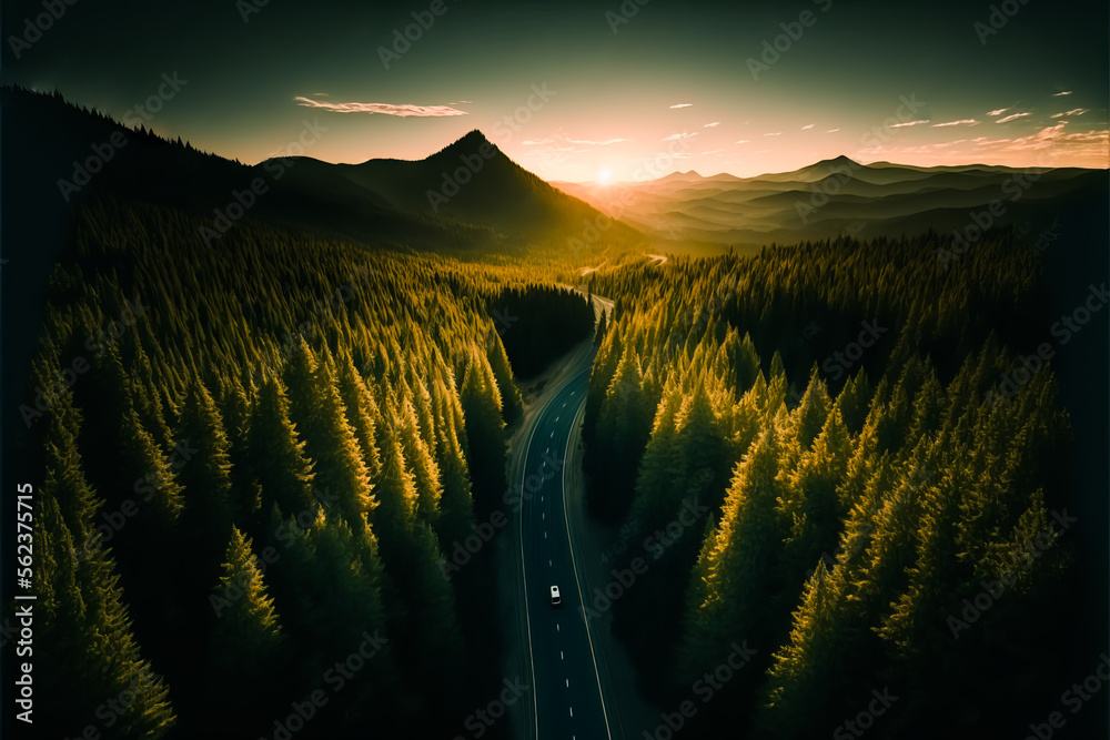 Arial view of a highway through a forest at sunset. Road in the forest ...
