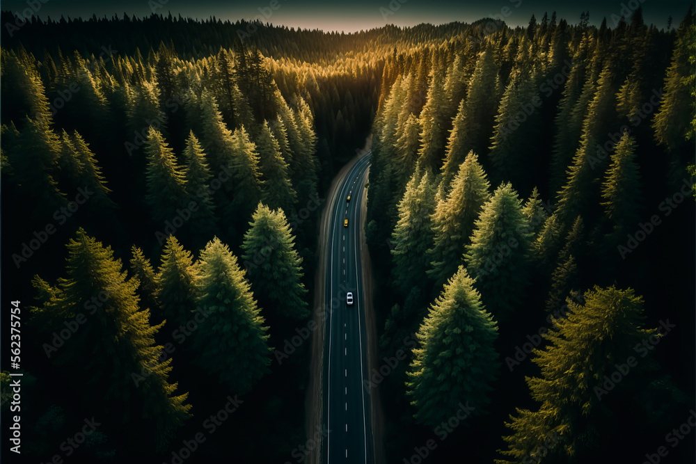 Arial view of a highway through a forest at sunset. Road in the forest ...