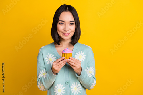 Fotomurale Portrait of optimistic good mood girl with straight hairstyle wear blue cardigan