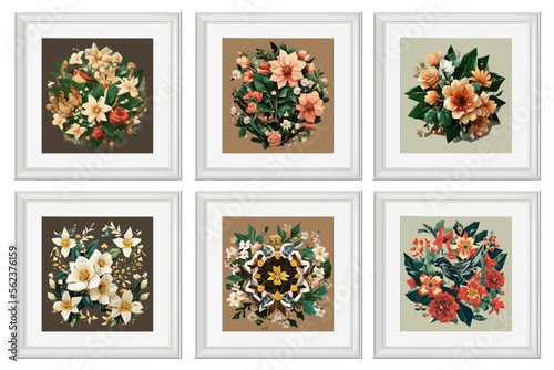 Set of vintage flowers illustration isolated. Quilling Wall Decor Square Picture Frames.