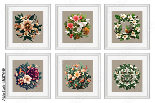 Set of vintage flowers illustration isolated. Quilling Wall Decor Square Picture Frames.