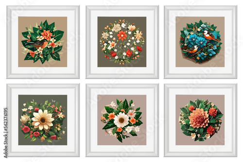 Set of vintage flowers illustration isolated. Quilling Wall Decor Square Picture Frames.