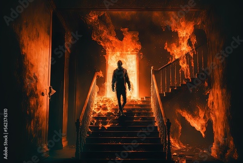 human spirit walking down from the stair while fire flame burning around, idea for haunted house   Generative Ai